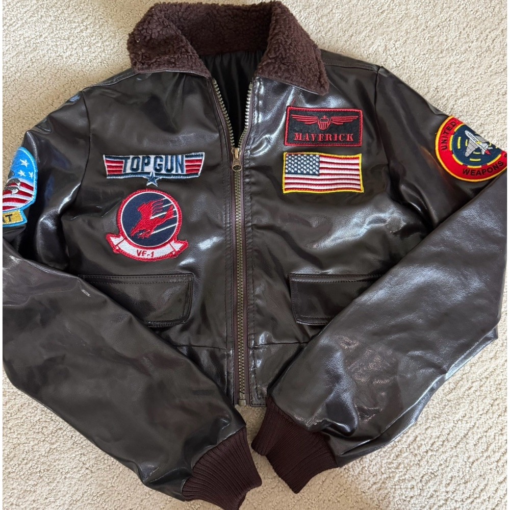 Top Gun Maverick Bomber Jacket Youth S Brown Faux Leather Flight Costume Leg Ave
